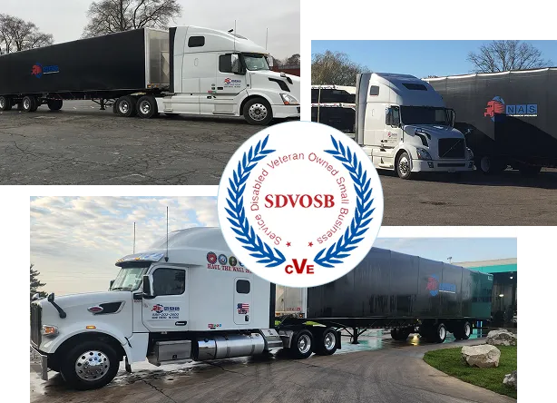 Collage of white semi-trucks and trailers with SDVOSB logo, showcasing freight transportation services.