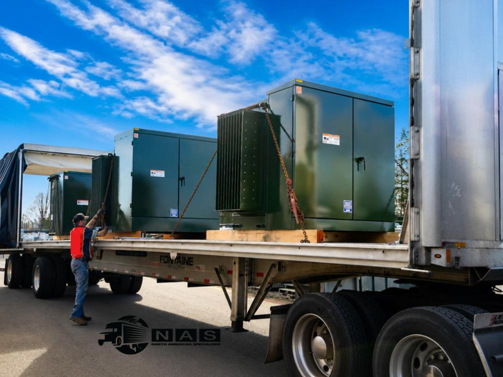 Pad-mounted transformers secured on a Conestoga trailer with the curtain retracted for side and overhead loading.